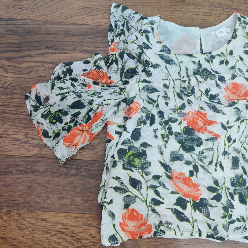 *Club Monaco Ruffled Cold-Shoulder Floral Blouse β Size Small - Picture 5 of 11